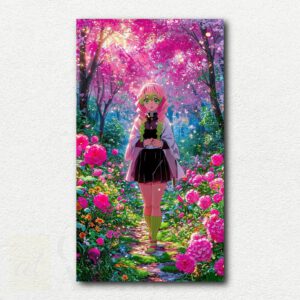 Mitsuri Kanroji from Demon Slayer sitting in a colorful garden with flowers and butterflies in the paint by numbers kit design.