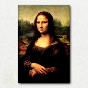 Original paint by numbers design of Leonardo da Vinci's Mona Lisa showing the woman with an enigmatic smile and hazy landscape background.
