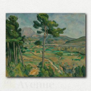 Paul Cézanne's Mont Sainte-Victoire and the Viaduct painting showing mountain, viaduct, and trees in geometric brushwork style.