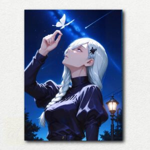 Close-up portrait of Mei Mei from Jujutsu Kaisen with braided hair and flying crows under a full moon, paint by numbers design.