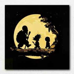 Dragon Ball youthful characters as silhouettes walking on a wooden bridge with a glowing moon behind them in the paint by numbers design.