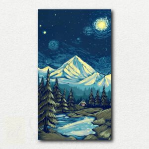 Stylized mountain range at night with a large glowing full moon and layered dark mountain silhouettes in the paint by numbers design.
