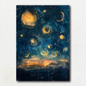 Night of Lights paint by numbers kit image showing the unpainted numbered canvas, paint pots, brushes, and the design of a rainy Paris street with the Eiffel Tower at night.
