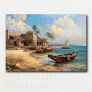 Bright coastal village with white buildings, blue domes, and pink flowers overlooking a calm blue sea in the paint by numbers design.