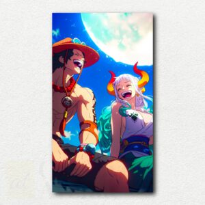 Painting design showing Ace and Yamato from One Piece talking under a blue moon in a classic scene.