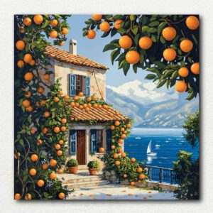 Digital image of Orange Farm paint by numbers kit showing a rural landscape with orange trees, a winding path, a fence, and a small building under a blue sky.