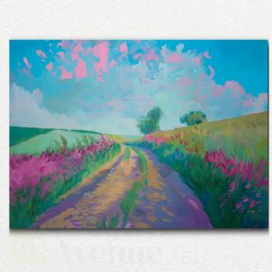 Pastel Fields paint by numbers kit design showing stylized rolling hills and fields in pastel pink, purple, green, and yellow under a light blue sky.
