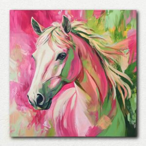Unpainted Pastel Pony paint by numbers kit showing a stylized horse head in profile with numbered sections on woven art canvas and painting tools.