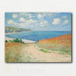Claude Monet's Path in the Wheat Fields at Pourville painting showing a winding path through wheat fields, cliffs, and the sea in bright summer colors.