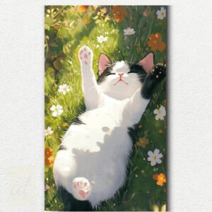 Black cat lying upside down with paws in the air on a colorful patterned rug in the paint by numbers design.