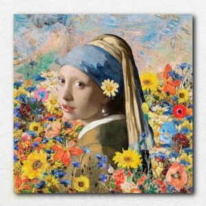 Paint-by-numbers kit inspired by Girl with a Pearl Earring with a floral background, showing the portrait, canvas, paints, and brushes.