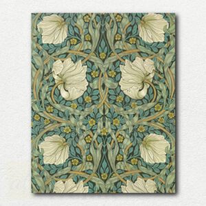 William Morris's Pimpernel pattern featuring large poppy flowers and willow leaves on dark green background, paint by numbers design.