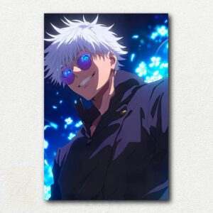 Pop-art style paint by numbers portrait of Satoru Gojo from Jujutsu Kaisen with bright pink, blue, yellow, white, black, and tan blocks of color.