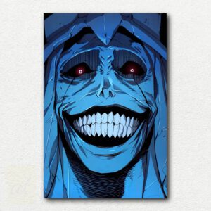 Paint by numbers kit design showing the main antagonist of Solo Leveling standing beside a laughing and grinning statue.