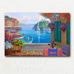 Portofino Reflections paint by numbers design showing colorful harbor buildings, boats, flowers, and blue sky reflections in water.