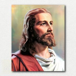 Traditional stylized portrait of Jesus Christ with long brown hair, a beard, and a halo on a textured background, paint by numbers design.