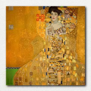 Original paint by numbers kit design of Gustav Klimt's Portrait of Adele Bloch-Bauer I with gold and geometric Art Nouveau patterns.