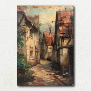 Digital image of Quiet Village Path paint by numbers kit showing a stone pathway through a village with colorful flowers and houses under a bright sky.