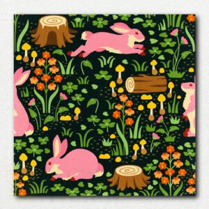 Stylized fox sitting among pine trees and foliage in a paint by numbers design with numbered sections and flat colors.