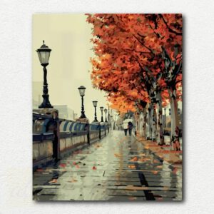 Impressionistic painting design of a rainy Paris street with a person holding a red umbrella and the Eiffel Tower in the background.