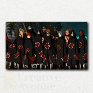 Digital paint by numbers design showing Akatsuki members from Naruto walking away in black cloaks with red cloud patterns on white background.
