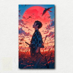 Silhouette of Tanjiro Kamado from Demon Slayer standing on a branch against a large red moon in a dark sky, paint by numbers design.