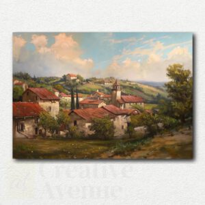 Paint by numbers kit image showing a Tuscan landscape with red-tiled roofs, green hills, and tall cypress trees under a blue sky.