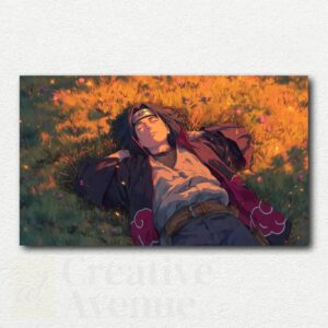 Paint by numbers kit image of Itachi Uchiha from Naruto resting against a tree, wearing Akatsuki cloak with eyes closed.