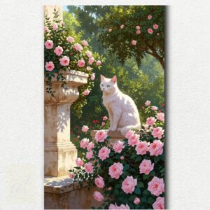 Black and white tuxedo cat sitting among large pink roses and green leaves in a garden setting, digital paint by numbers design.