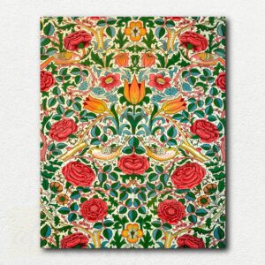 Detailed paint by numbers design of William Morris's Rose pattern with pink and red roses and green leaves on dark blue background.