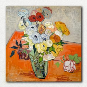 Vincent Van Gogh's Roses and Anemones painting design showing a bouquet of red, pink, and white flowers in a vase against a green background.