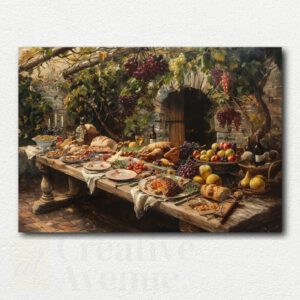 Rustic Country Banquet paint by numbers kit design showing a still life of bread, wine, cheese, grapes, and apples on a wooden table.