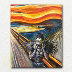 Digital paint by numbers design of Ryuk from Death Note in the iconic scream pose against a swirling colorful sky.