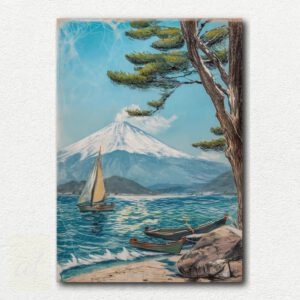 Paint by numbers design of a sailboat on a large wave with Mount Fuji in the background under a red sky in Japanese art style.