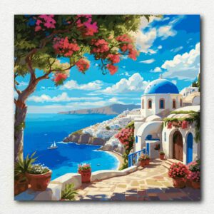 Bright Greek island scene with white buildings, a blue church dome, and pink bougainvillea overlooking the deep blue sea in Santorini Dream paint by numbers kit.