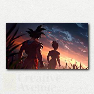 Paint by numbers kit design showing Goku and Vegeta from Dragon Ball sitting on a clifftop watching an orange and yellow sunset.