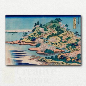 Original paint by numbers design of Sesshu Ajigawaguchi Tenposan by Katsushika Hokusai showing boats, shore figures, and Mount Tenpō in Ukiyo-e style.