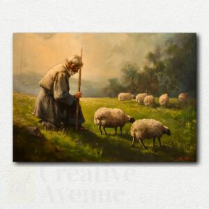 Painting design of Shepherd’s Watch showing a shepherd and sheep in a grassy field under a vast cloudy sky with blue and grey tones.