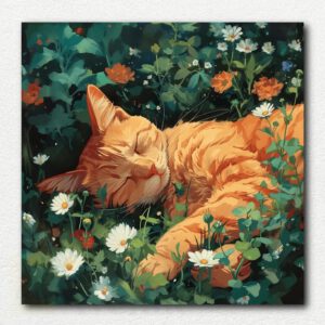 Painting design of a ginger-colored cat sleeping peacefully, featuring warm ginger tones and a calm setting.