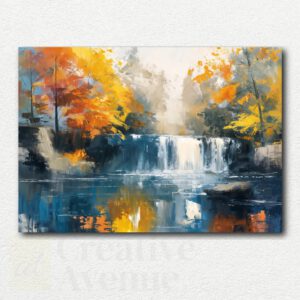 Paint by numbers kit design showing a small waterfall cascading over mossy rocks surrounded by dense green forest foliage.