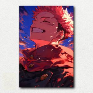 Paint by numbers design of Eta Dory from Jujutsu Kaisen smiling with a big smile against a sunset background.