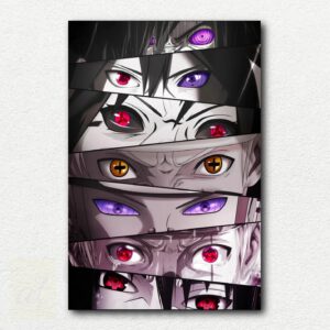 Paint by numbers kit design showing different eyes of Naruto villains with sharp lines and distinct colors.