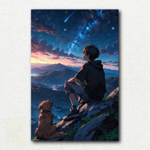 Painting design of a boy standing on a mountain top, looking out at the view in the Your Name anime scene.