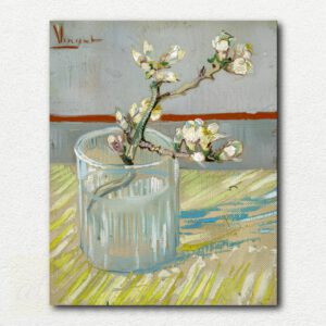 Vincent Van Gogh's Sprig of Flowering Almond in a Glass paint by numbers kit design showing white almond blossoms in a clear glass on plain background.