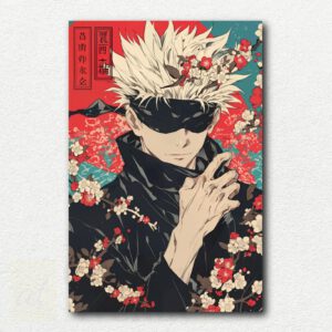 Paint by numbers kit image showing the Jujutsu Kaisen main cast relaxing in a spring garden with cherry blossom petals and green grass.