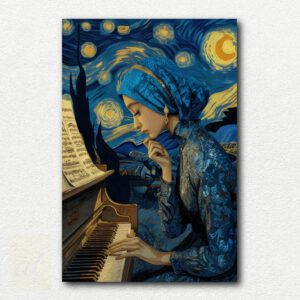 Digital paint by numbers design of a pianist playing a grand piano on a clifftop under a swirling blue and yellow night sky.