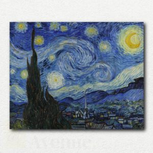 Design of paint by numbers kit featuring Van Gogh's Starry Night with swirling night sky, crescent moon, cypress tree, and village.