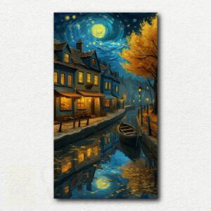 Digital image of the Starry Village Canal paint by numbers kit showing a village canal with boats and a swirling starry sky in blue and yellow tones.