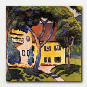 Expressionist painting of a house with a red roof and vibrant trees by August Macke, shown as a paint by numbers design.
