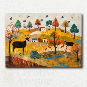 Whimsical storybook autumn landscape with colorful trees, rolling hills, and quaint houses in vibrant fall colors, shown as the original paint by numbers design.